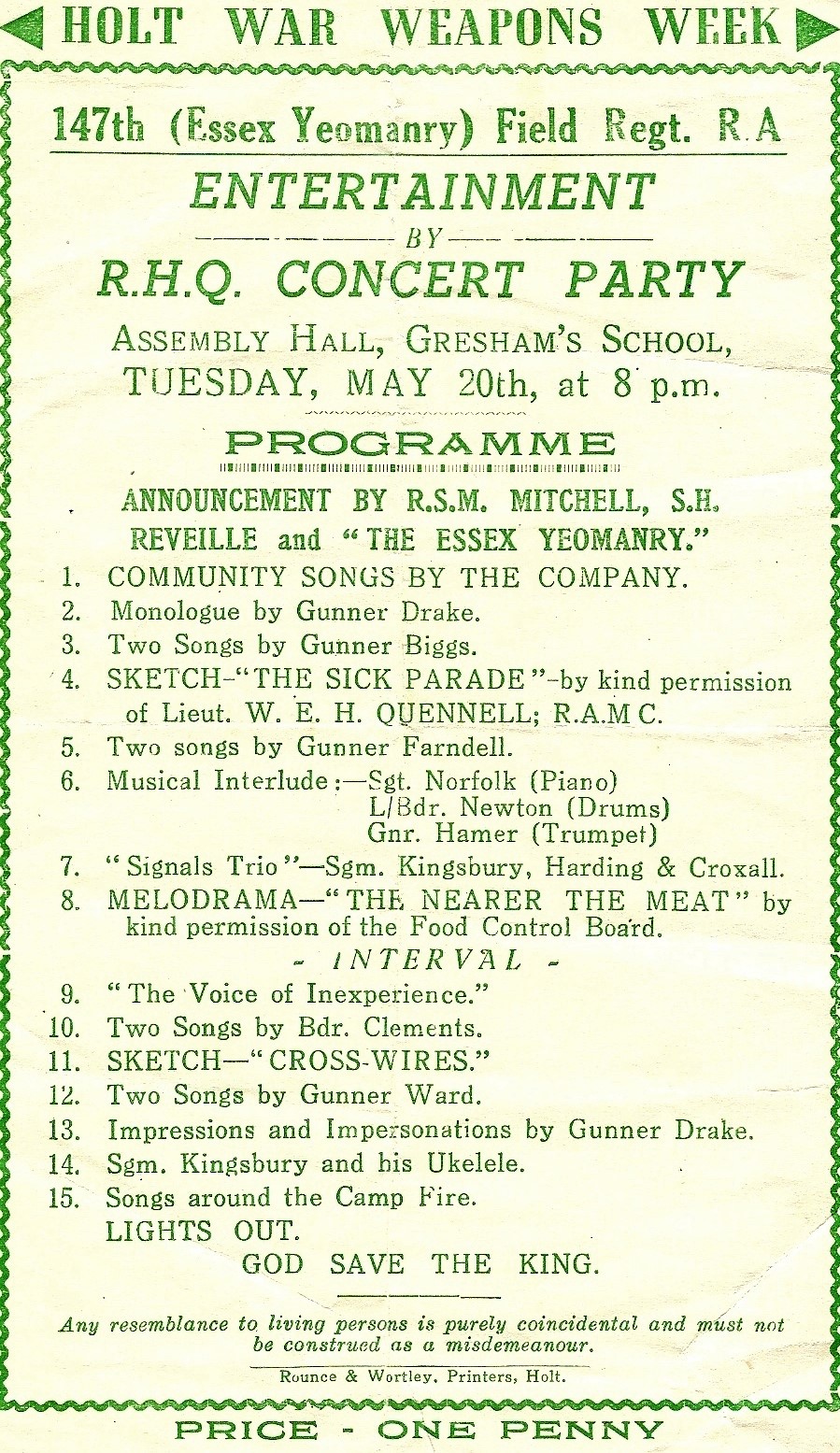 20 May 1941. 147th (Essex Yeomanry) Field Regt. R.A.   R.H.Q. Concert Party Programme. Holt War Weapons Week. Courtesy/© of The Felix R. Johnson Collection.