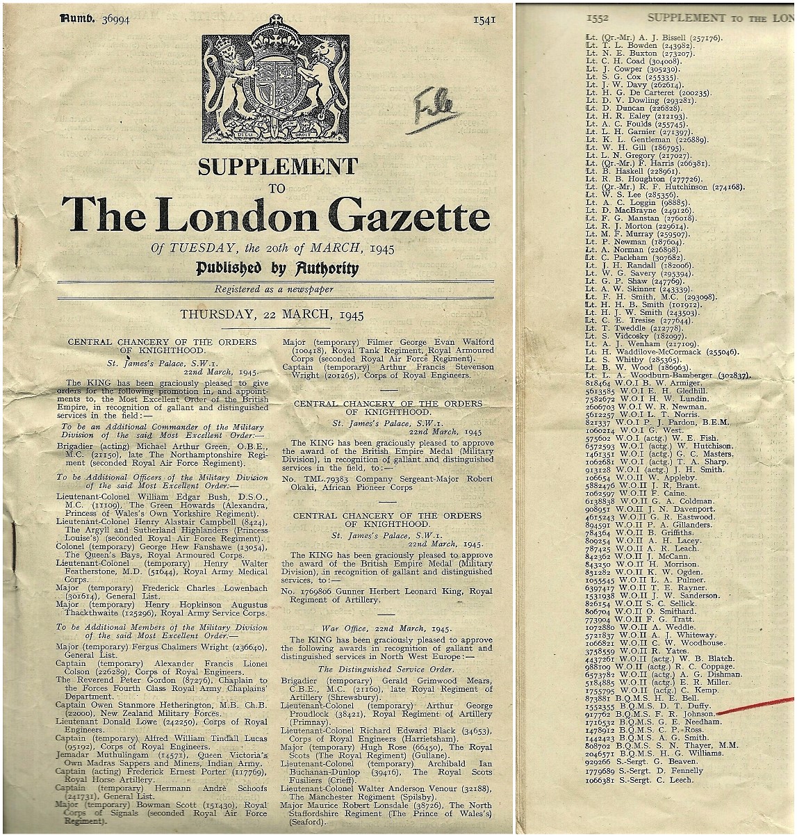 22 March 1945. Supplement to The London Gazette.  Felix Roland Johnson: Mentioned in Dispatches entry. Courtesy/© of The Felix R. Johnson Collection.