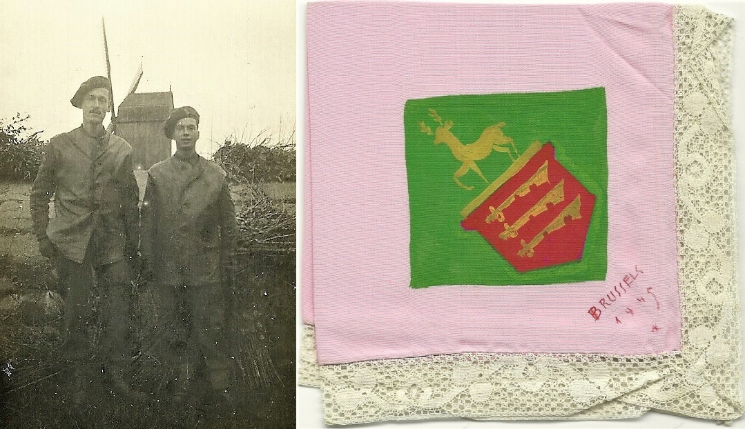 December 1944. Left: Felix Roland Johnson and Bob Ireland (“Bert”) at Werken, Belguim. Right: A 1945 Brussels Souvenir handkerchief, with combined Herts & Essex Yeomanry insignia. Courtesy/© of The Felix R. Johnson Collection.