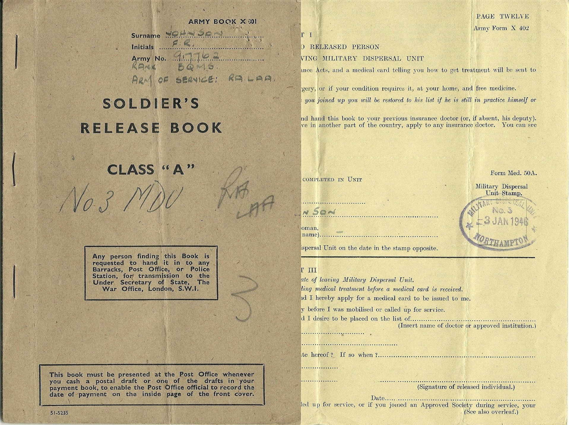 3 January 1946. Felix Roland Johnson’s WW2 Army Release Book. Courtesy/© of The Felix R. Johnson Collection.