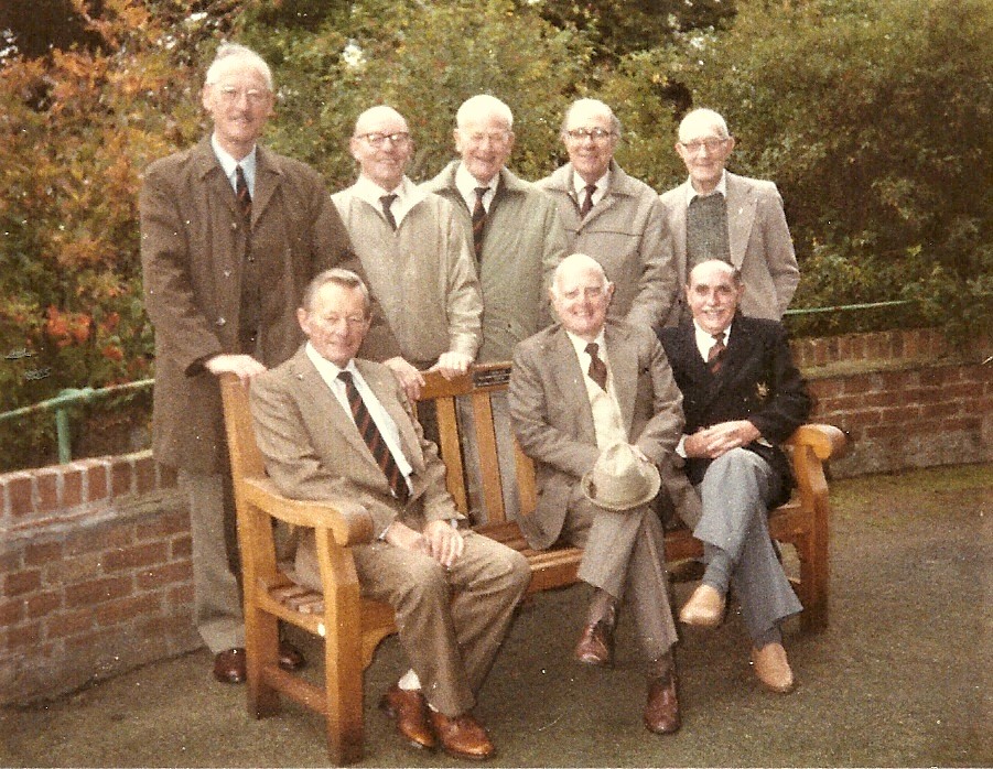 1985: Essex Yeomanry Bench, Colchester Castle Park. Back, LtoR: F. J. Johnson; G. W. Brooks; J. V. Brown; O. J. Avis; E. Dutnell. Front, LtoR: .J. C. Eastall; N. Underdown; A .C. Parsonson Courtesy/© of The Felix R. Johnson Collection.