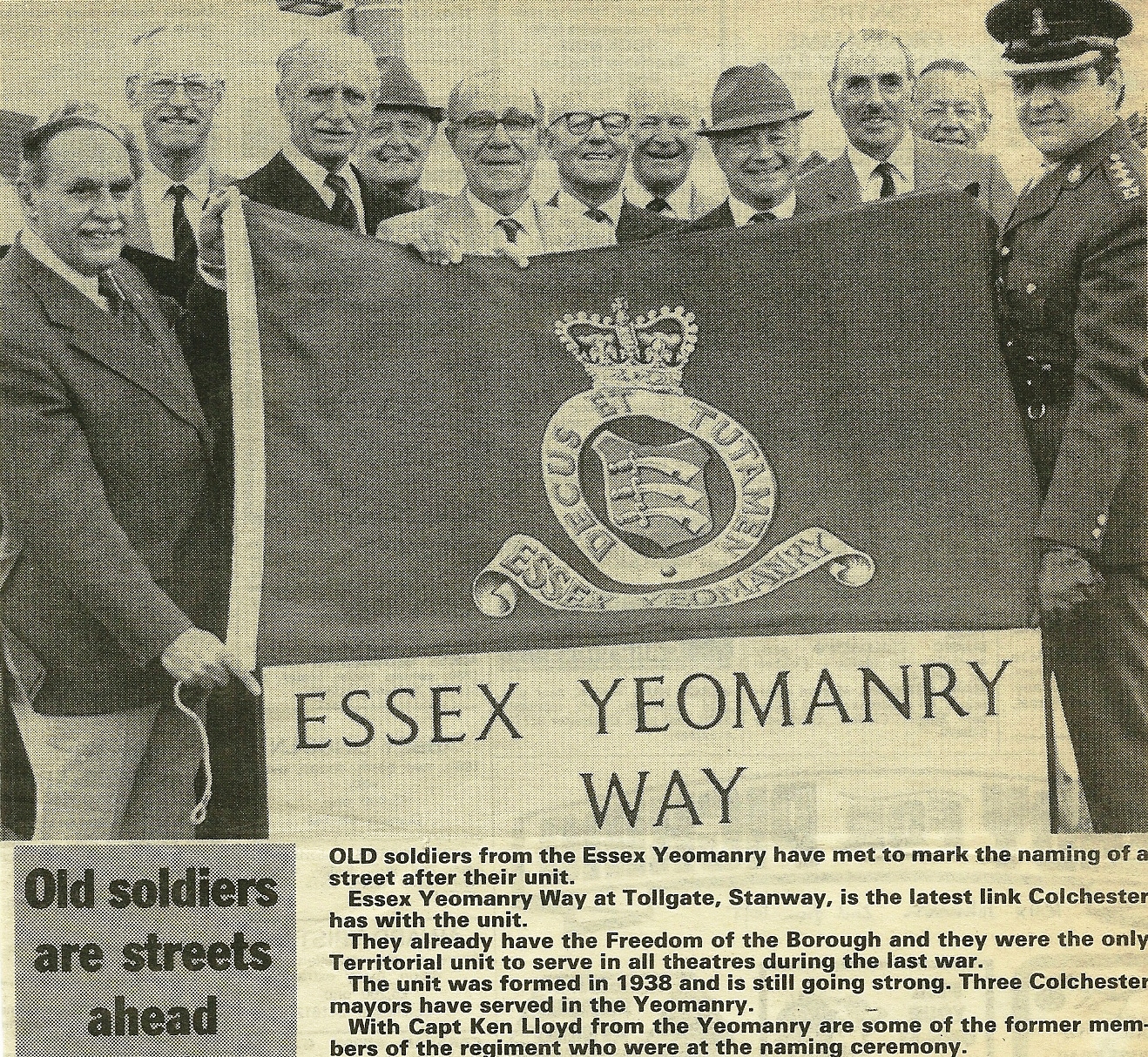 July 1988, Evening Gazette: The unveiling of ‘Essex Yeomanry Way’, Colchester. LtoR: Messrs: Parsonson; Johnson; Bews; Underdown; Avis; Brooks; 3 x ?; Eastall; and Captain Ken Lloyd. Courtesy/© of The Felix R. Johnson Collection.
